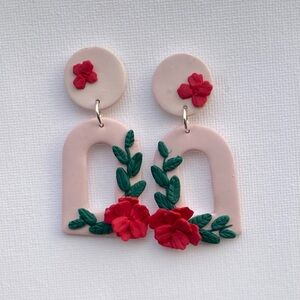 Floral Pink and Green Polymer Clay Earrings